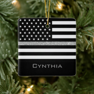Adorno De Cerámica Personalized Thin Gray Line Glitter Flag