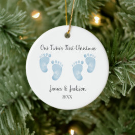 Adorno De Cerámica Personalized Twin Baby Boys Blue Footprint