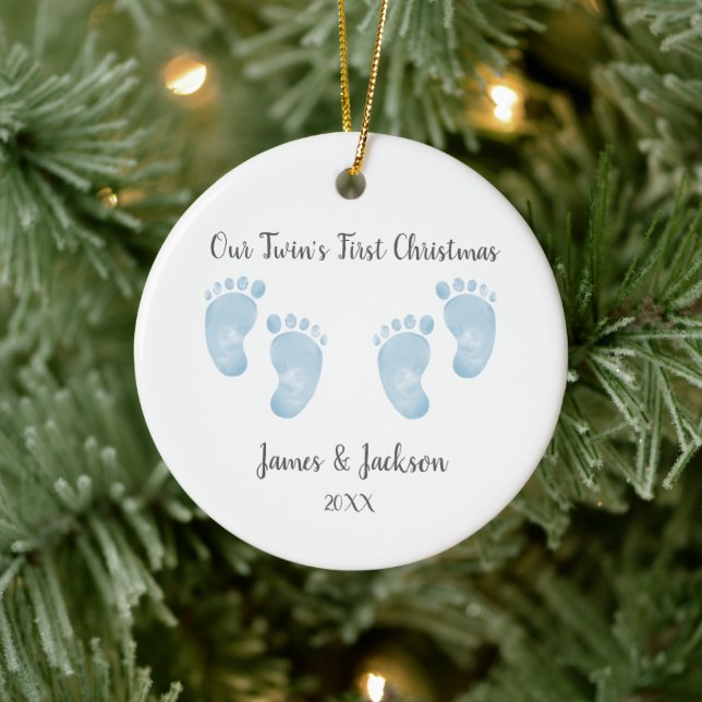 Adorno De Cerámica Personalized Twin Baby Boys Blue Footprint  (Árbol)