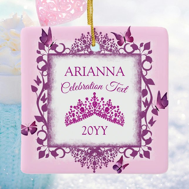 Adorno De Cerámica Personalized Violet Tiara & Butterflies Keepsake (personalized tree ornament with pink butterflies and tiara, congratulations, commemorative gift)