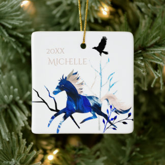 Adorno De Cerámica Personalized Winter Pony and Crow Horse Christmas