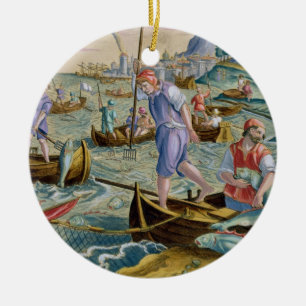 Adorno De Cerámica Pesca con las redes y los tridentes en la bahía de