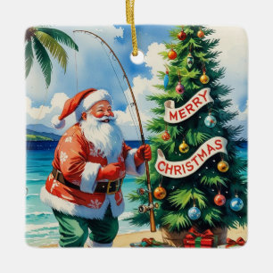 Adorno De Cerámica Pesca de Navidad con Santa Claus