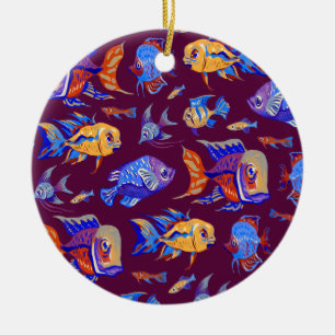 Adorno De Cerámica Pesca tropical divertida en morado oscuro