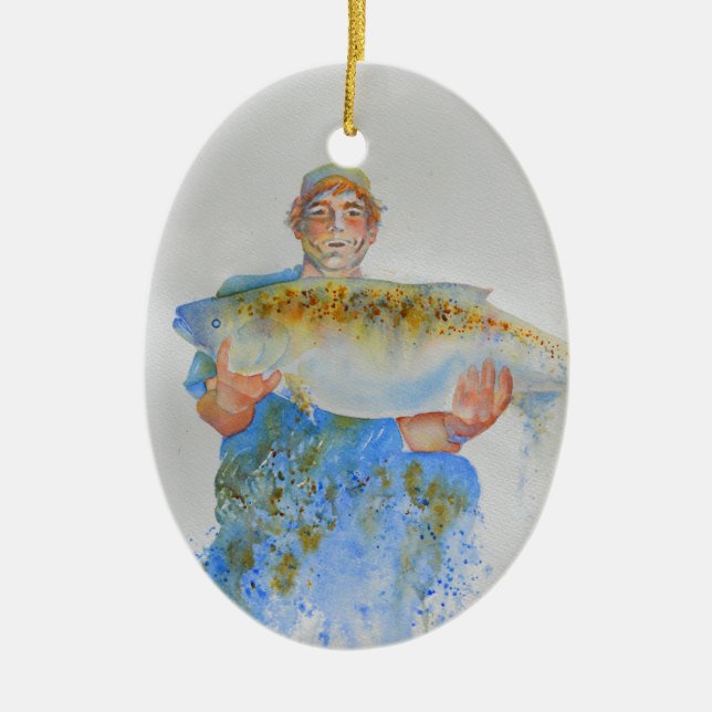 Adorno De Cerámica Pescador acuarela pintura regalo de pesca para él (Frente)