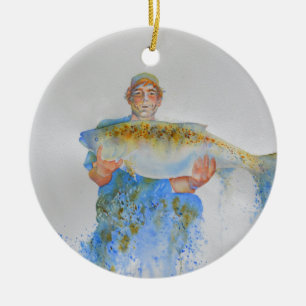 Adorno De Cerámica Pescador acuarela pintura regalo de pesca para él