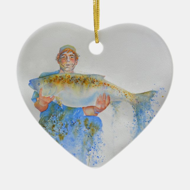 Adorno De Cerámica Pescador acuarela pintura regalo de pesca para él (Frente)