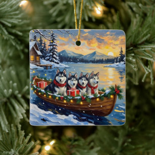 Adorno De Cerámica Pescador de Navidad con Malamute de Alaska Vacacio