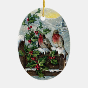 Adorno De Cerámica Petirrojos ingleses en navidad de un vintage de la