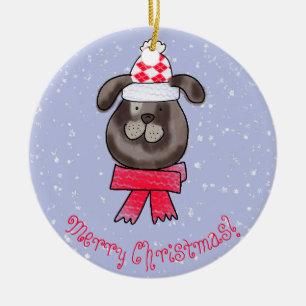 Adorno De Cerámica Petit chien de Noël avec une écharpe tricotée