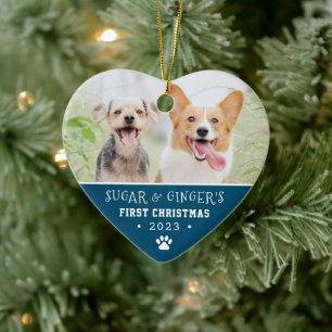 Adorno De Cerámica  Pet's First Christmas Paw Print Blue Photo