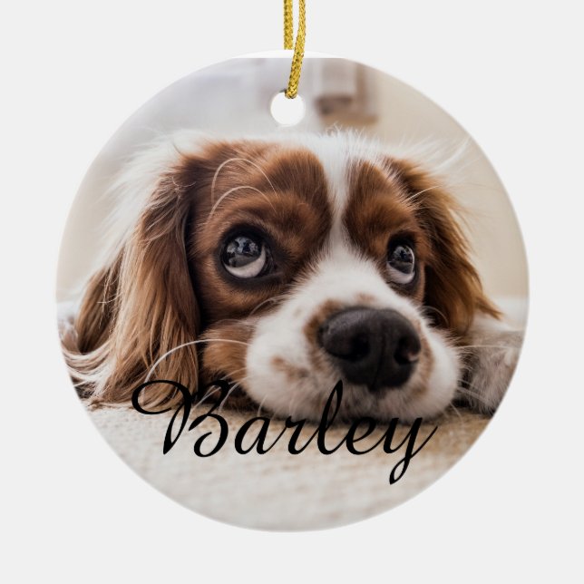 Adorno De Cerámica Pet's Simple Elegant Dog Name and Photo Christmas (Frente)