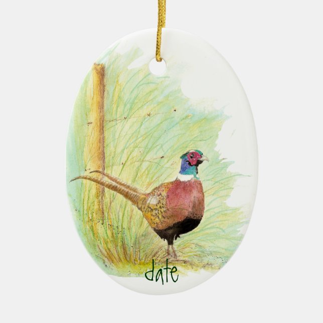 Adorno De Cerámica Pheasant De Acuarela De Fecha personalizado, Anima (Frente)