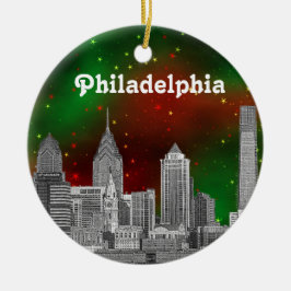 Adorno De Cerámica Philadelphia Skyline Green Red Starry Sky Xmas