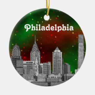 Adorno De Cerámica Philadelphia Skyline Green Red Starry Sky Xmas