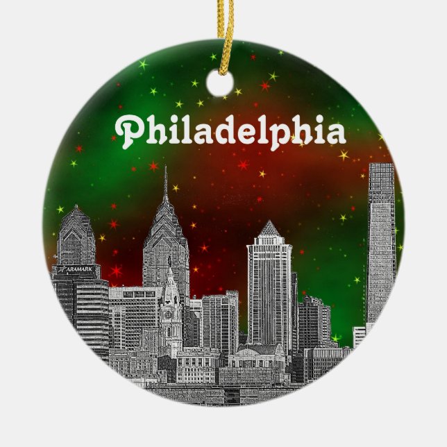 Adorno De Cerámica Philadelphia Skyline Green Red Starry Sky Xmas (Frente)