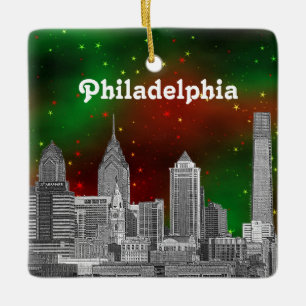 Adorno De Cerámica Philadelphia Skyline Green Red Starry Sky Xmas