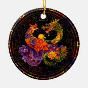 Adorno De Cerámica Phoenix and Dragon - in color