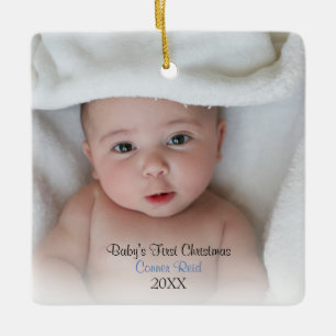 Adorno De Cerámica Photo Baby Boy Blue Baby's First Christmas