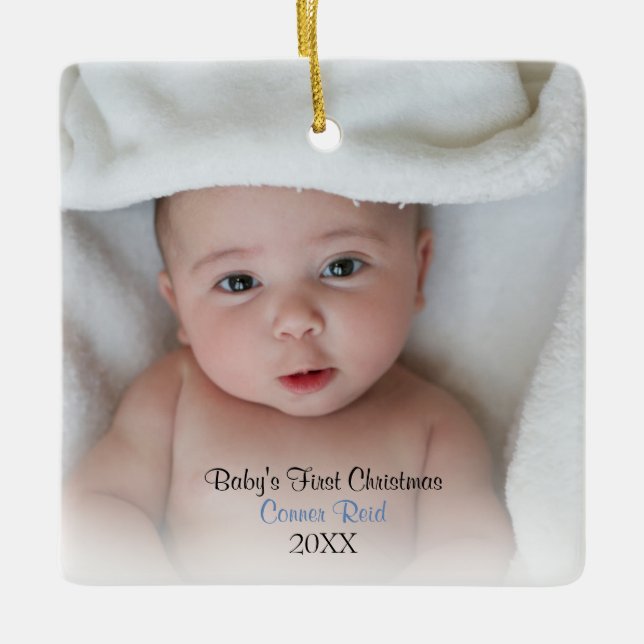 Adorno De Cerámica Photo Baby Boy Blue Baby's First Christmas (Anverso)