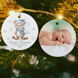 Adorno De Cerámica Photo Blue Snowflakes Bear Baby's 1st Christmas