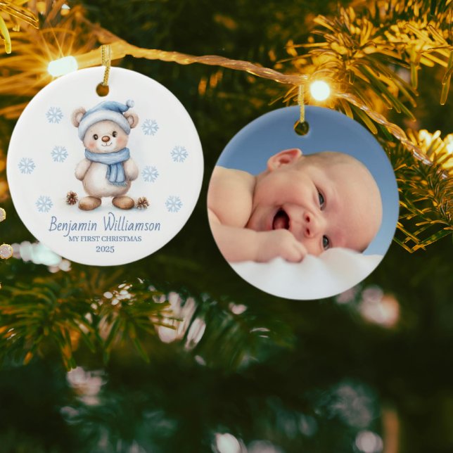Adorno De Cerámica Photo Blue Snowflakes Bear Baby's 1st Christmas (Subido por el creador)