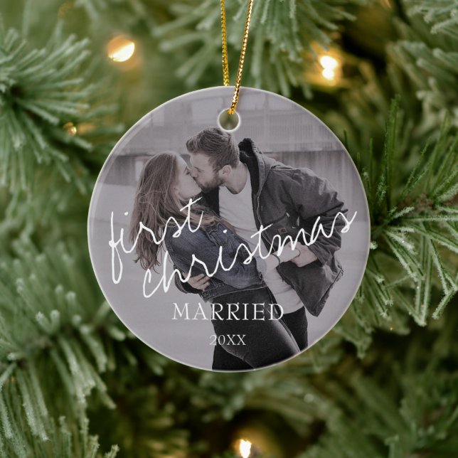 Adorno De Cerámica Photo Calligraphy Script 1st Christmas Married (Árbol)