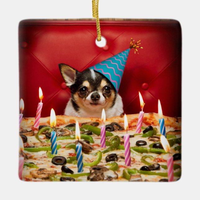 Adorno De Cerámica Pie de pizza de cumpleaños de Chihuahua (Anverso)