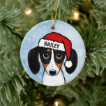 Adorno De Cerámica Piebald Dachshund Santa Wiener Dog Nombre personal<br><div class="desc">Un adorable adorable adorno navideño piebald Dachshund que puede ser personalizado con tu propio texto. Añade un nombre para un regalo de personalizado divertido. Hace un adorable ornamento para exhibirlo en el árbol de Navidad en los años por venir. Visite el mundo doodle de Jenn para ver más regalos de...</div>