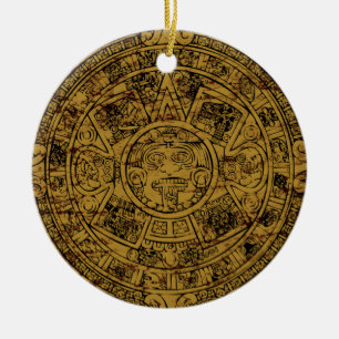 Adorno De Cerámica Piedra de Calendario Sol Azteca Envejecida