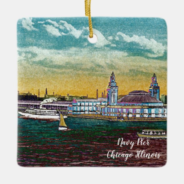 Adorno De Cerámica Pier naval desde el lago de Chicago en 1920 (Anverso)