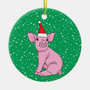 Adorno De Cerámica Piglet rosado en Santa Hat Navidades