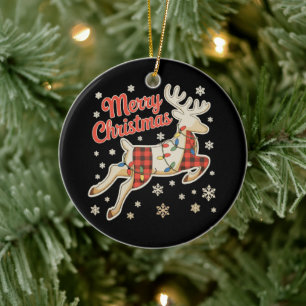 Adorno De Cerámica Pijama Rojo de Cuadros Reno Búfalo Feliz Navidad