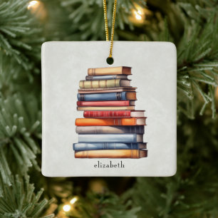 Adorno De Cerámica Pila de libros Acuarela Vintage Lectora Escritora