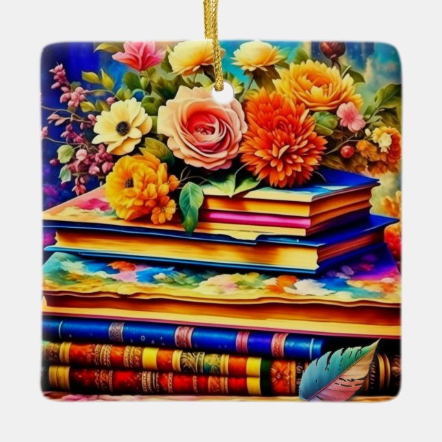 Adorno De Cerámica Pila de libros antiguos y flores (Anverso)