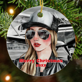 Adorno De Cerámica Piloto de mujeres de Guay y avión cesante en acuar