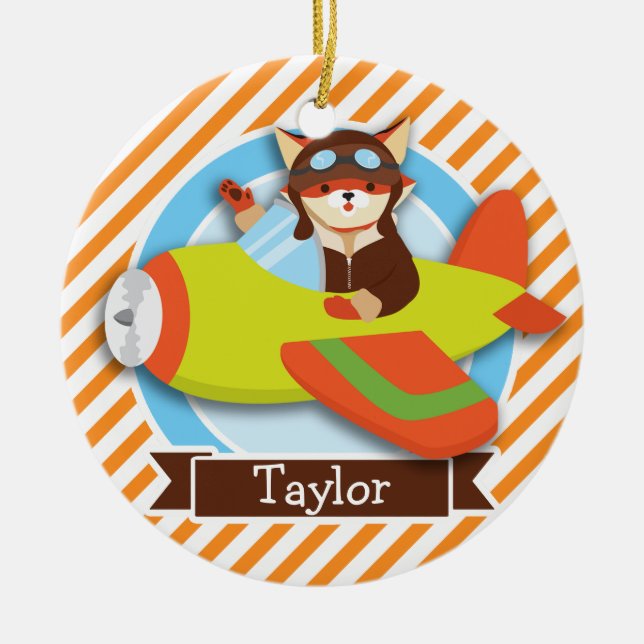 Adorno De Cerámica Piloto Fox en avión verde y Naranja (Frente)