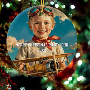Adorno De Cerámica Piloto Niño Aviador & Avión de Juguete NAVIDAD Per