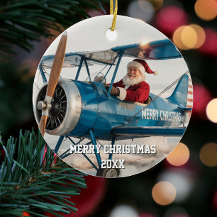 Adorno De Cerámica Piloto Santa Vuela Avión Foto Divertida Navidad
