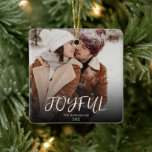 Adorno De Cerámica Pincel simple alegre caligrafía dos fotos<br><div class="desc">Una creación de su propio ornamento familiar de tipografía simple y a la vez elegante. un recuerdo perfecto adorno para sus saludos navideños para mantener el momento capturado para siempre. Este único y único adorno de moda tiene una elegante tipografía destacada del nombre y año de la familia que ambos...</div>