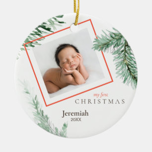 Adorno De Cerámica Pine Bough Child Photo Mis primeros Navidades