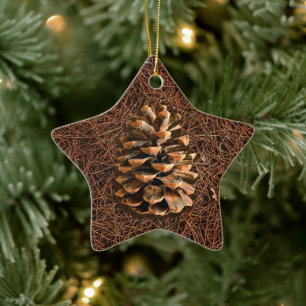 Adorno De Cerámica Pine Cone Sobre Las Agujas Caídas