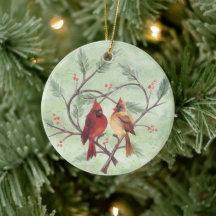 Pine Heart Cardinals on Green Ornament
