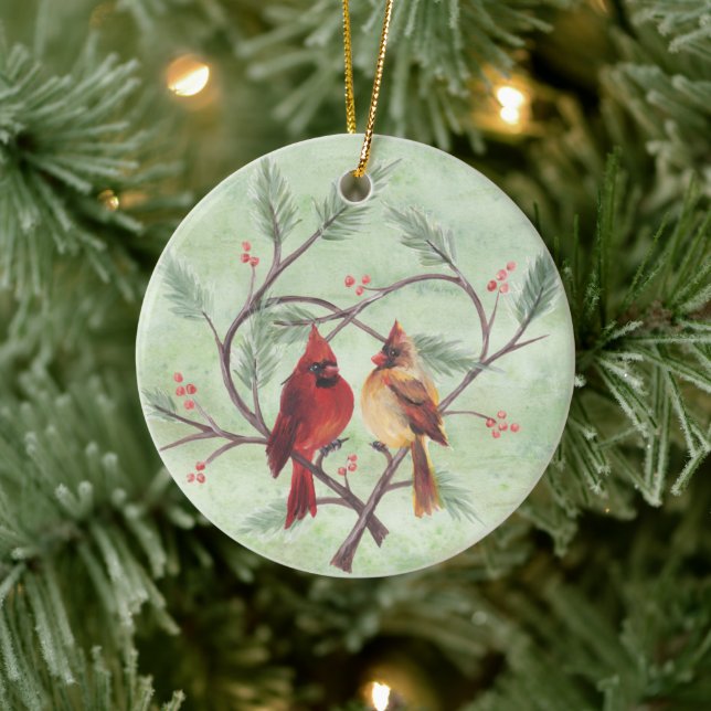 Adorno De Cerámica Pine Heart Cardinals on Green Ornament (Árbol)