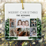 Adorno De Cerámica Pine Trees Snow Watercolor Family 6 Photo Collage<br><div class="desc">Pine Trees Snow Watercolor Family 6 Photo Collage Ceramic Ornament. Winter Christmas design with two watercolor pine trees,  6 photos,  Merry Christmas wish,  family name and year. Add 6 favorite photos and customize the text. Lovely Christmas keepsake or gift for your family and friends.</div>