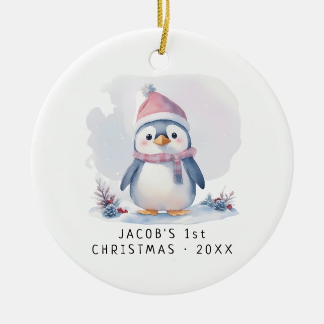 Adorno De Cerámica Pingüino bebé: La primera Navidad del bebé (Frente)