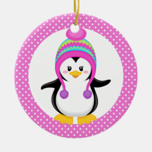 Adorno De Cerámica Pingüino Chica de polka rosado
