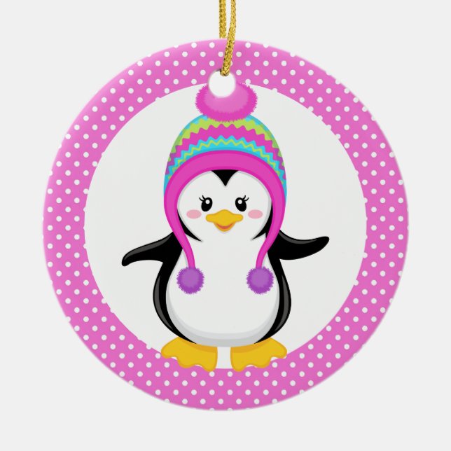 Adorno De Cerámica Pingüino Chica de polka rosado (Frente)