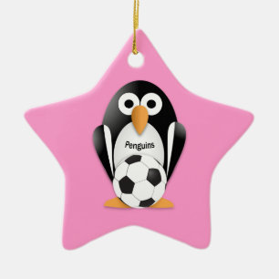 Adorno De Cerámica Pingüino con una pelota de fútbol