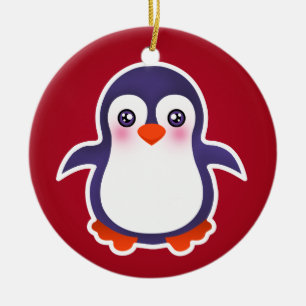 Adorno De Cerámica Pingüino Cuto En El Ilustracion De Fondo Rojo